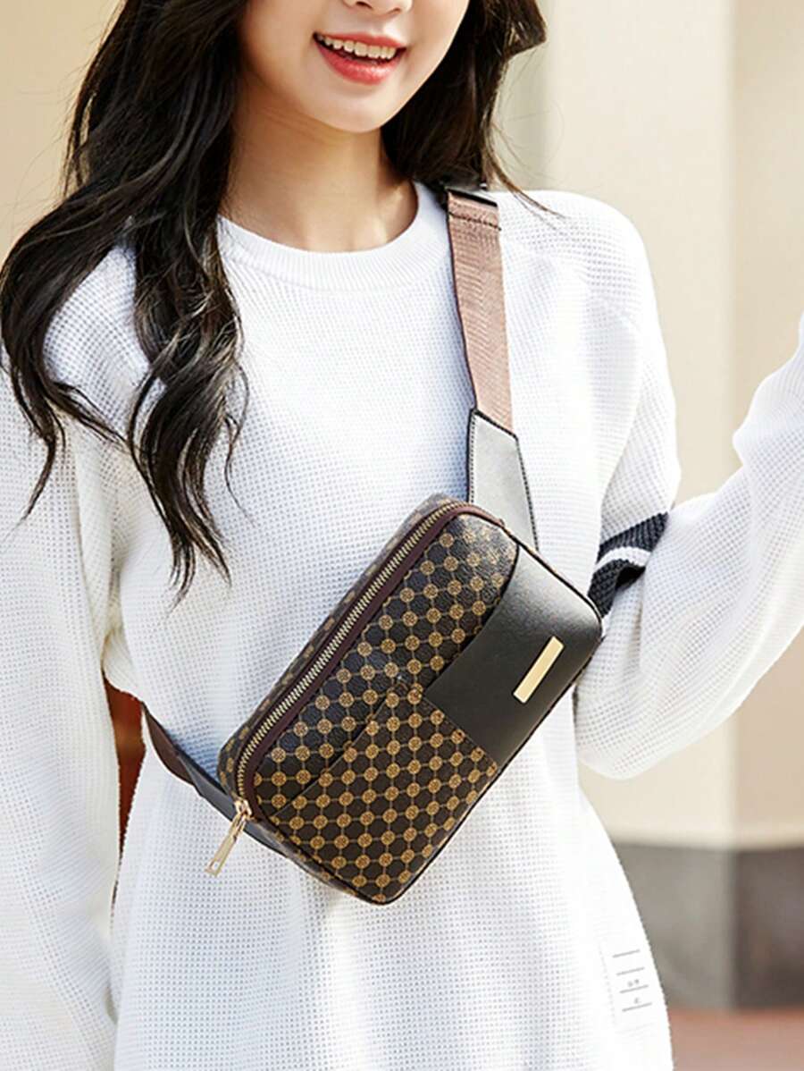 1入組黑色時尚波點圖案織物腰包和胸包適用於日常穿著 - 黑色 - 查看 1