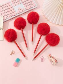 xiao long ge 5支裝素色絨球裝飾木鉛筆創意多功能木鉛筆適合辦公室、學生、寫作、繪畫 - 彩色 - 查看 1