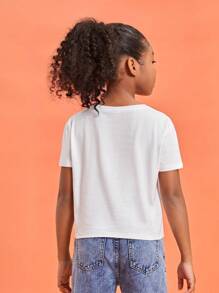 SHEIN Girls 100% Cotton Solid Round Neck Tee - White - View 2