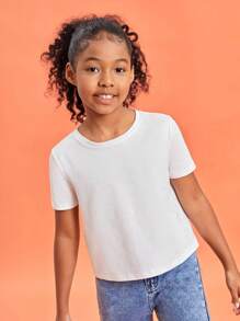 SHEIN Girls 100% Cotton Solid Round Neck Tee - White - View 5