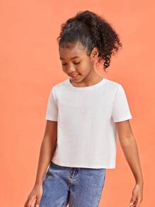 SHEIN Girls 100% Cotton Solid Round Neck Tee - White - View 6