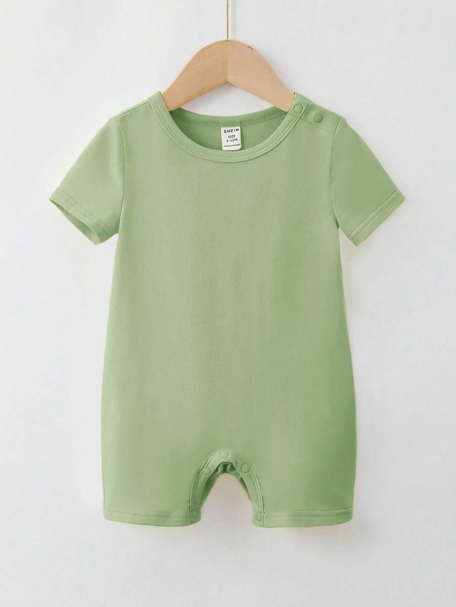 SHEIN Baby Solid Round Neck Romper - Mint Green - View 1