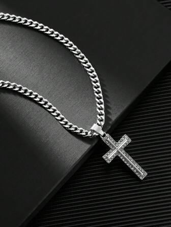 1pc Fashionable European And American Style Hip Hop Cross Pendant Necklace For Men With Rhinestone Detail, Long Sweater Chain