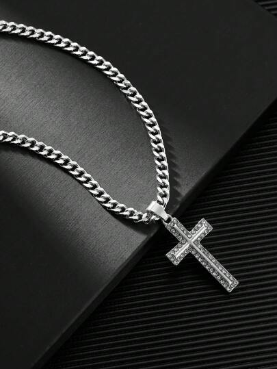 1pc Fashionable European And American Style Hip Hop Cross Pendant Necklace For Men With Rhinestone Detail, Long Sweater Chain