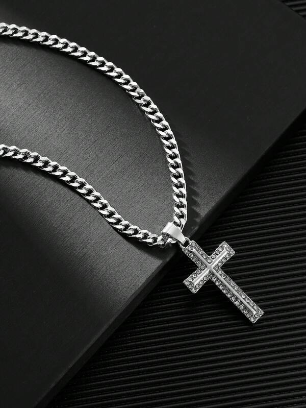 1pc Fashionable European And American Style Hip Hop Cross Pendant Necklace For Men With Rhinestone Detail, Long Sweater Chain