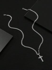 1入組時尚歐美風格嘻哈男士十字架吊墜項鍊帶水鑽細節長毛衣鏈 - 銀色 - 查看 3