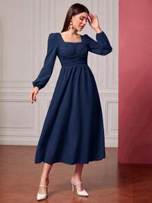 Modelyn Square Neck Ruched Front Lantern Sleeve Dress - Navy Blue - View 1
