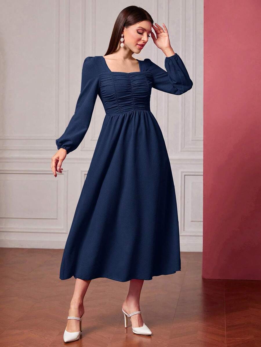Modelyn Square Neck Ruched Front Lantern Sleeve Dress - Navy Blue - View 1