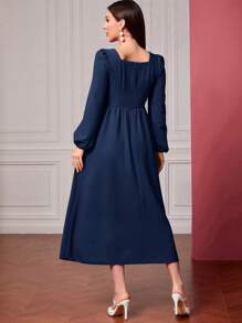 Modelyn Square Neck Ruched Front Lantern Sleeve Dress - Navy Blue - View 2