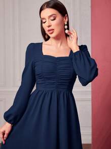 Modelyn Square Neck Ruched Front Lantern Sleeve Dress - Navy Blue - View 3