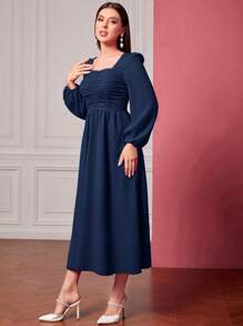 Modelyn Square Neck Ruched Front Lantern Sleeve Dress - Navy Blue - View 4