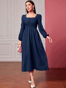 Modelyn Square Neck Ruched Front Lantern Sleeve Dress - Navy Blue - View 5