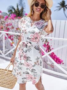 RueChic Floral Print Notched Neck Belted Dress - Multicolor - View 3