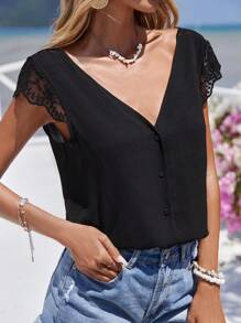 EURMUSE Blusa con encaje en contraste de cuello V - Negro - Ver 1