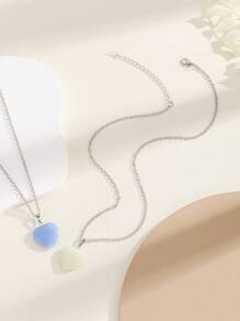 2pcs/set Glow In The Dark Stone Heart Charm Pendant Necklace - Multicolor - View 2