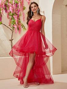 YISIKADO Mesh Overlay High Low Hem Cami Dress Party Dress - Red - View 1