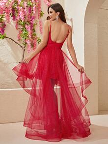 YISIKADO Mesh Overlay High Low Hem Cami Dress Party Dress - Red - View 2