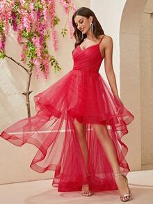 YISIKADO Mesh Overlay High Low Hem Cami Dress Party Dress - Red - View 4