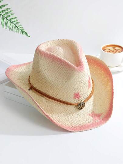 1pc Women Metal Decor Star Pattern Cowboy Straw Hat For Beach