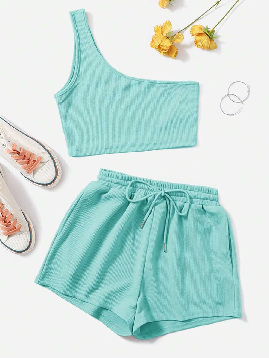 SHEIN EZwear 單肩短款上衣和腰部抽繩短褲 - 薄荷藍 - 查看 1