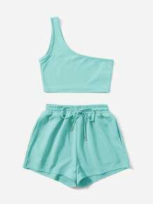 SHEIN EZwear 單肩短款上衣和腰部抽繩短褲 - 薄荷藍 - 查看 5