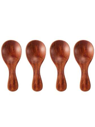 4入組木勺廚房用簡約迷你木質圖案晚餐勺