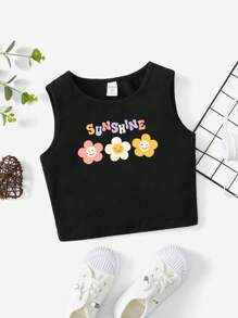 SHEIN Tank Tops & Camis Bé Gái Hoa Lá thư Giải trí - màu đen - Xem 1