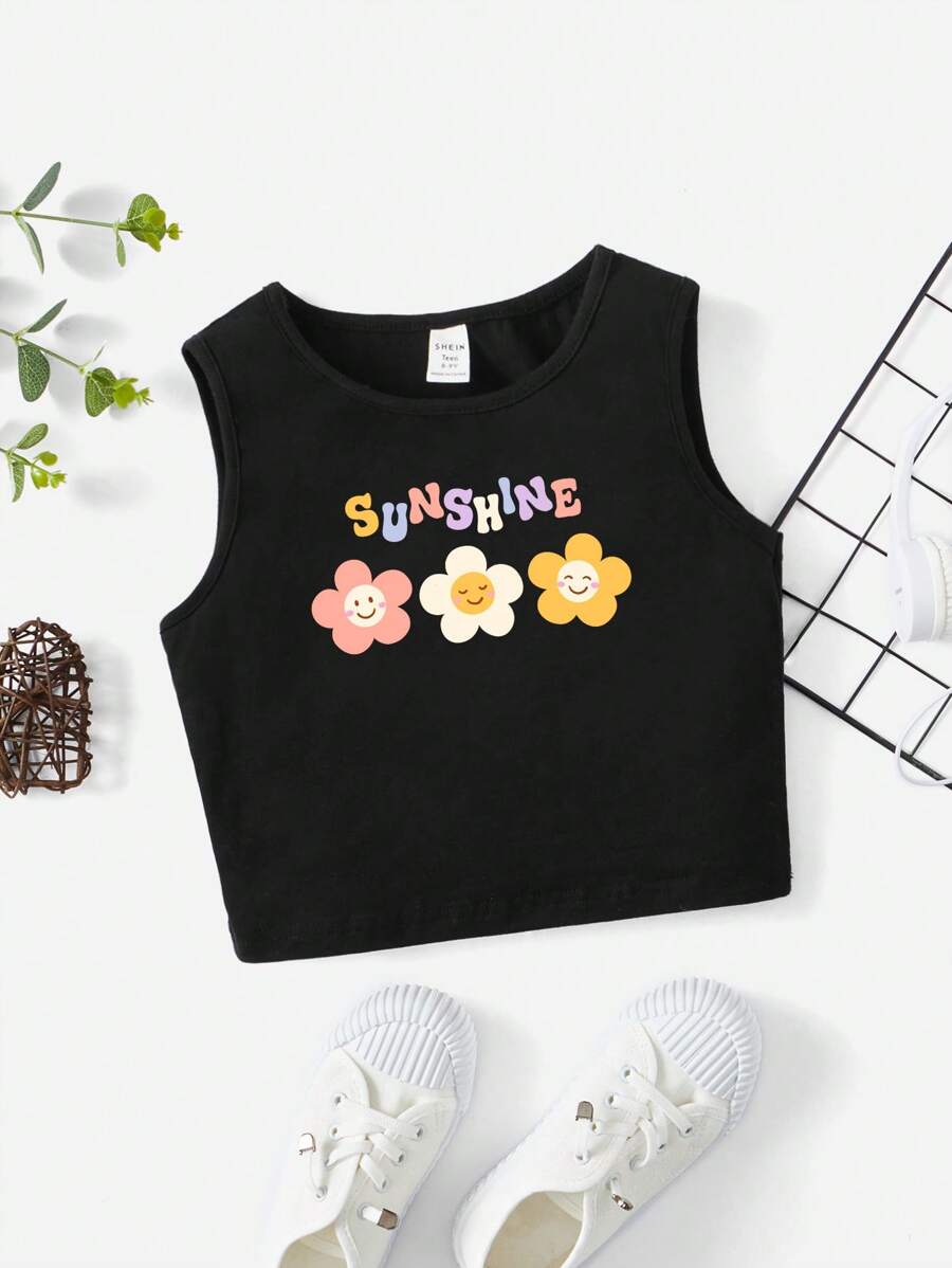 SHEIN Tank Tops & Camis Bé Gái Hoa Lá thư Giải trí - màu đen - Xem 1