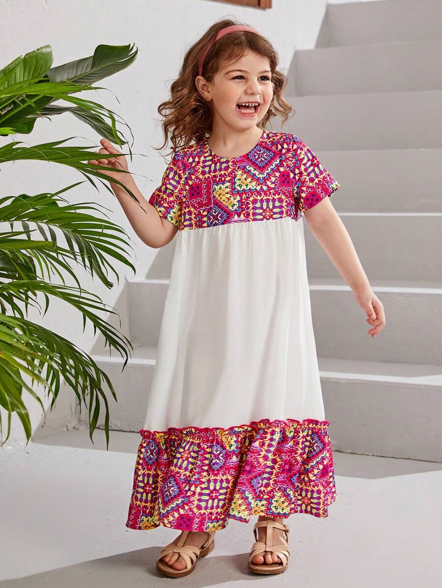 SHEIN Đầm bé gái Nút viền lá sen Viên lá sen Bộ lạc Boho - Nhiều màu - Xem 1