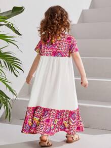 SHEIN Đầm bé gái Nút viền lá sen Viên lá sen Bộ lạc Boho - Nhiều màu - Xem 2