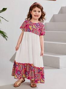 SHEIN Đầm bé gái Nút viền lá sen Viên lá sen Bộ lạc Boho - Nhiều màu - Xem 5