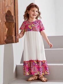 SHEIN Đầm bé gái Nút viền lá sen Viên lá sen Bộ lạc Boho - Nhiều màu - Xem 6