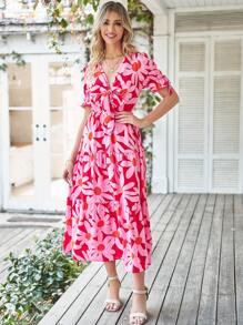 BTFBM Allover Print Knot Front Puff Sleeve Dress - Pink - View 1