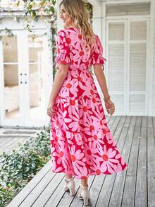 BTFBM Allover Print Knot Front Puff Sleeve Dress - Pink - View 2