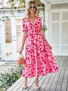 BTFBM Allover Print Knot Front Puff Sleeve Dress - Pink - View 3