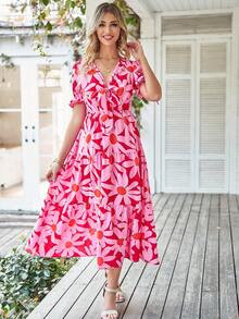 BTFBM Allover Print Knot Front Puff Sleeve Dress - Pink - View 4