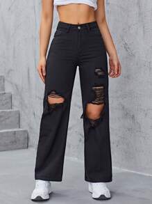 Quần jean nữ Túi Bị tách Dây kéo màu trơn - màu đen - Xem 2