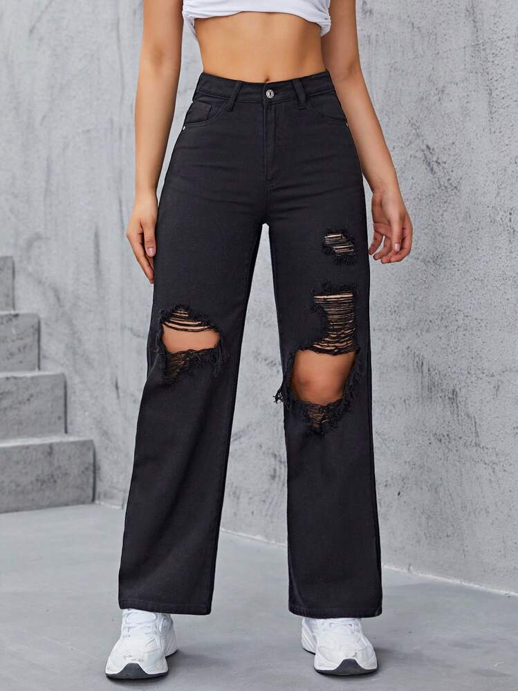 Ripped Wide Leg Jeans - Black - View 2