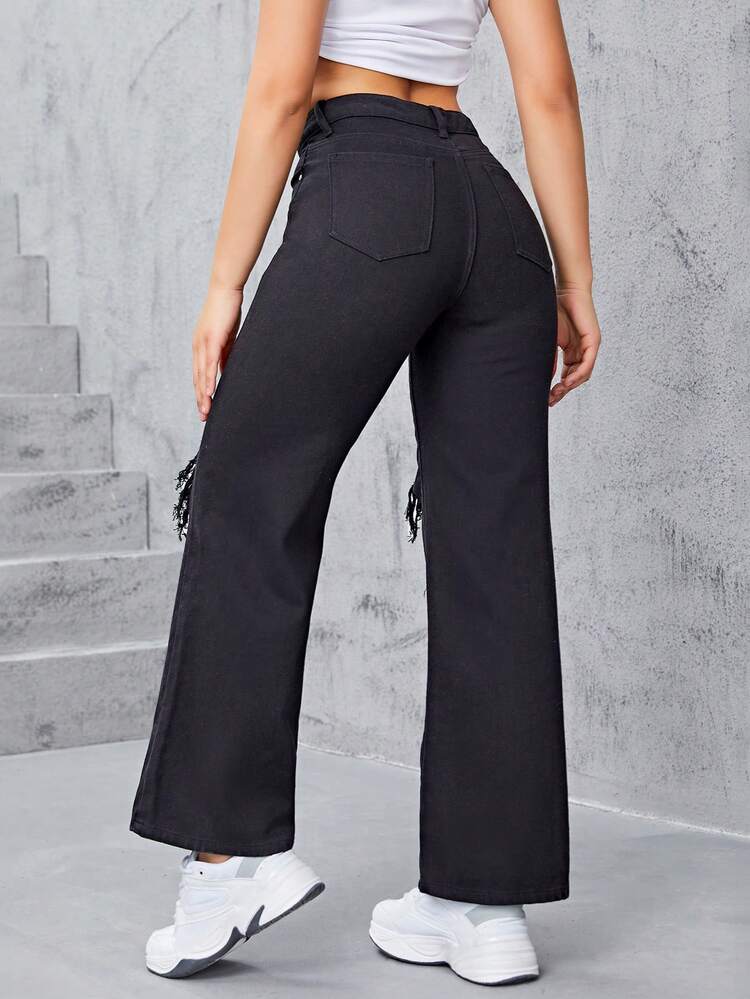 Ripped Wide Leg Jeans - Black - View 3