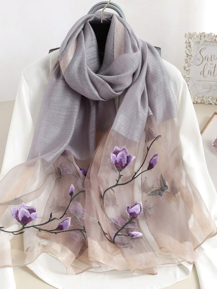 1 chiếc khăn thêu hoa thời trang nữ cho cuộc sống hàng ngày - Màu tím hoa cà - Xem 1
