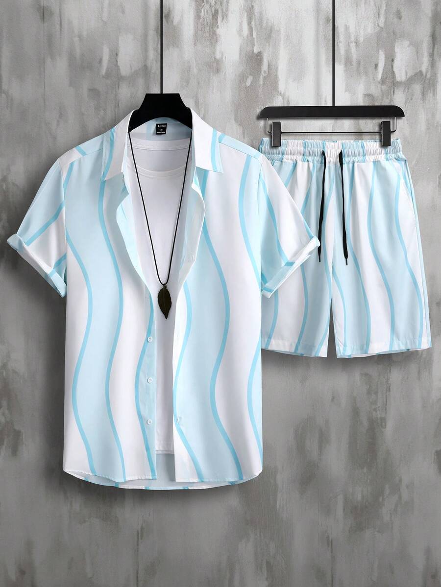 Manfinity Hypemode Men Colorblock Shirt & Drawstring Waist Shorts Without Tee - Blue and White - View 1