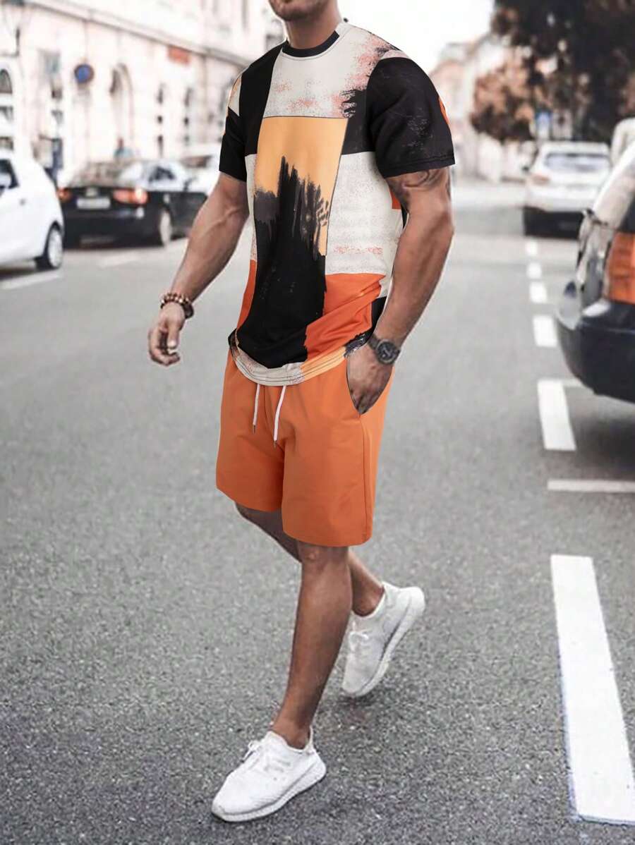 Manfinity LEGND 男士撞色T恤和腰部抽繩短褲 - 彩色 - 查看 1