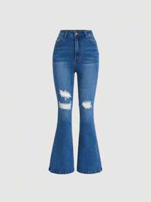 SHEIN Girlism Teen Girls Ripped Flare Leg Jeans - Medium Wash - View 1