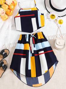 女孩幾何印花吊帶上衣和前蝴蝶結高低下擺半身裙