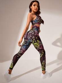 SHEIN Allover Print Mesh Insert Sports Set - Multicolor - View 1