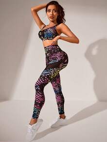 SHEIN Allover Print Mesh Insert Sports Set - Multicolor - View 2
