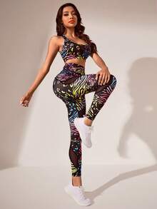 SHEIN Allover Print Mesh Insert Sports Set - Multicolor - View 3