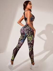SHEIN Allover Print Mesh Insert Sports Set - Multicolor - View 4