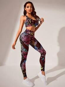 SHEIN Allover Print Mesh Insert Sports Set - Multicolor - View 5