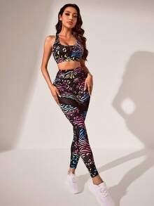 SHEIN Allover Print Mesh Insert Sports Set - Multicolor - View 6